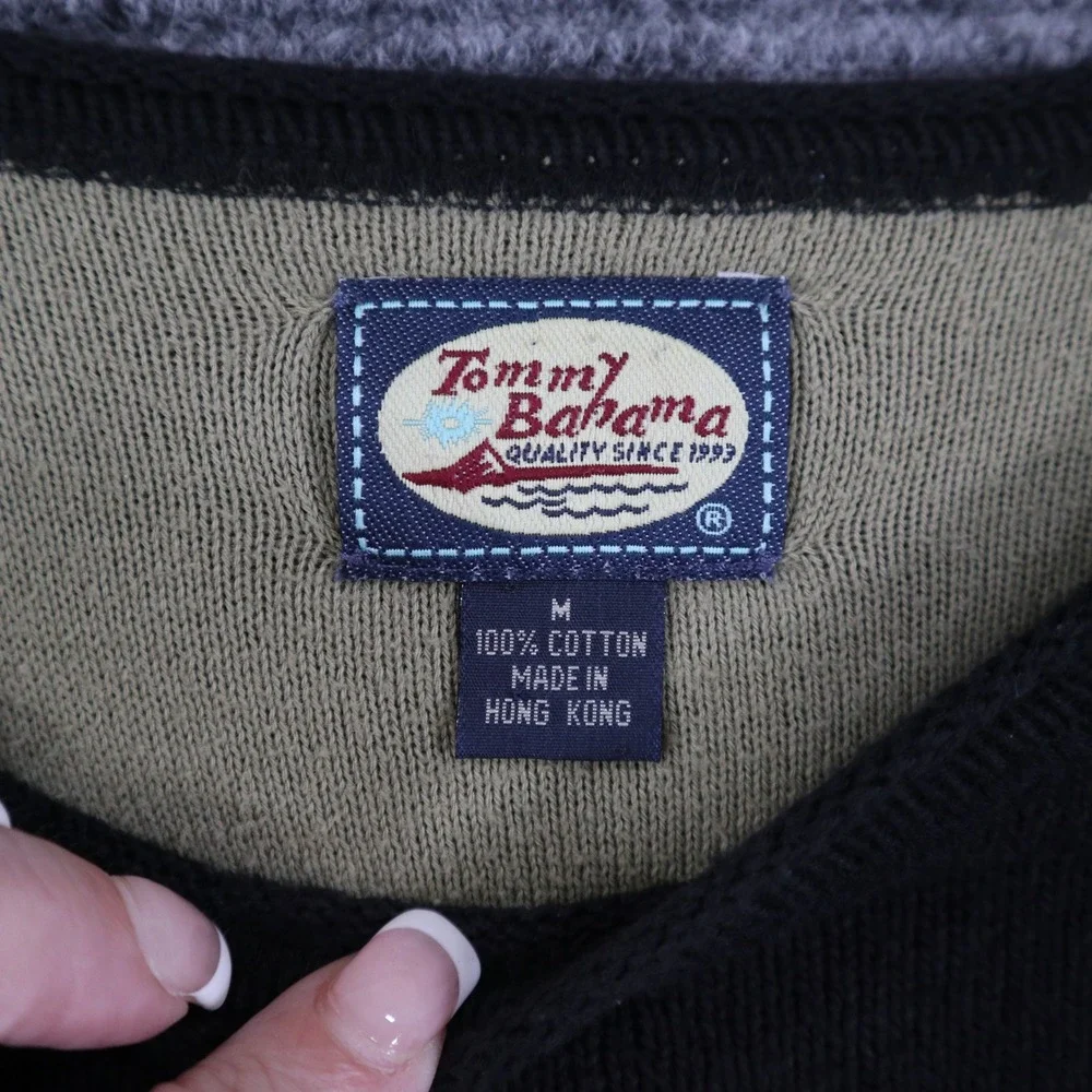 Tommy Bahama Sweater Mens M Black Cotton Crew Neck Ribbed Casual Travel